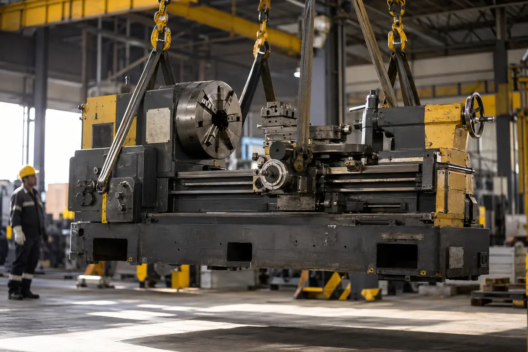 Torno industrial sendo içado em ambiente de fábrica