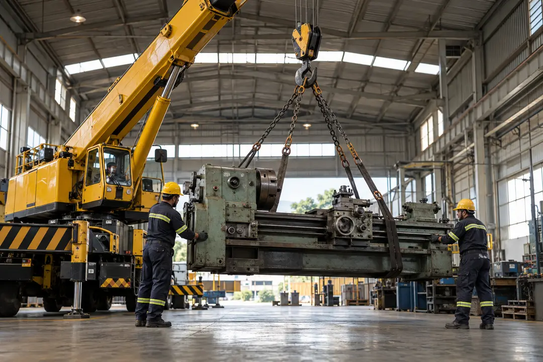 Guindaste movimentando máquina industrial dentro de galpão