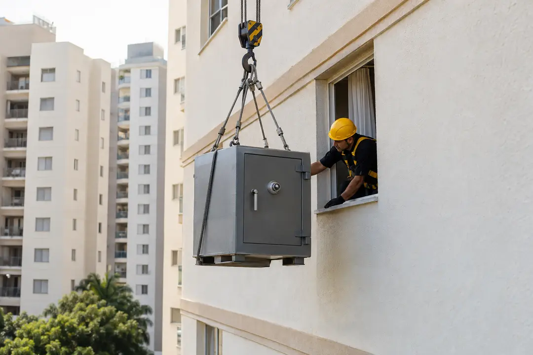 Cofre sendo içado para apartamento